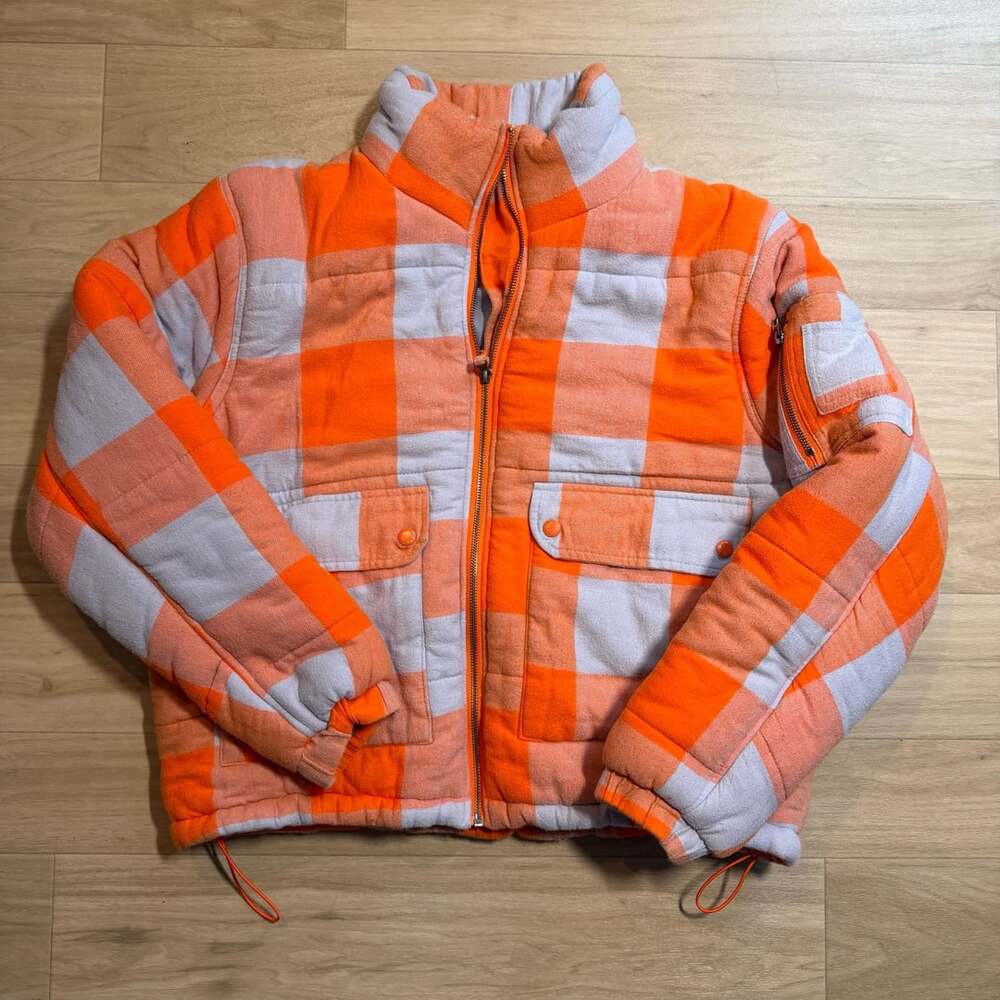 BDG Orange and White Plaid Flannel Puffer Jacket Size L